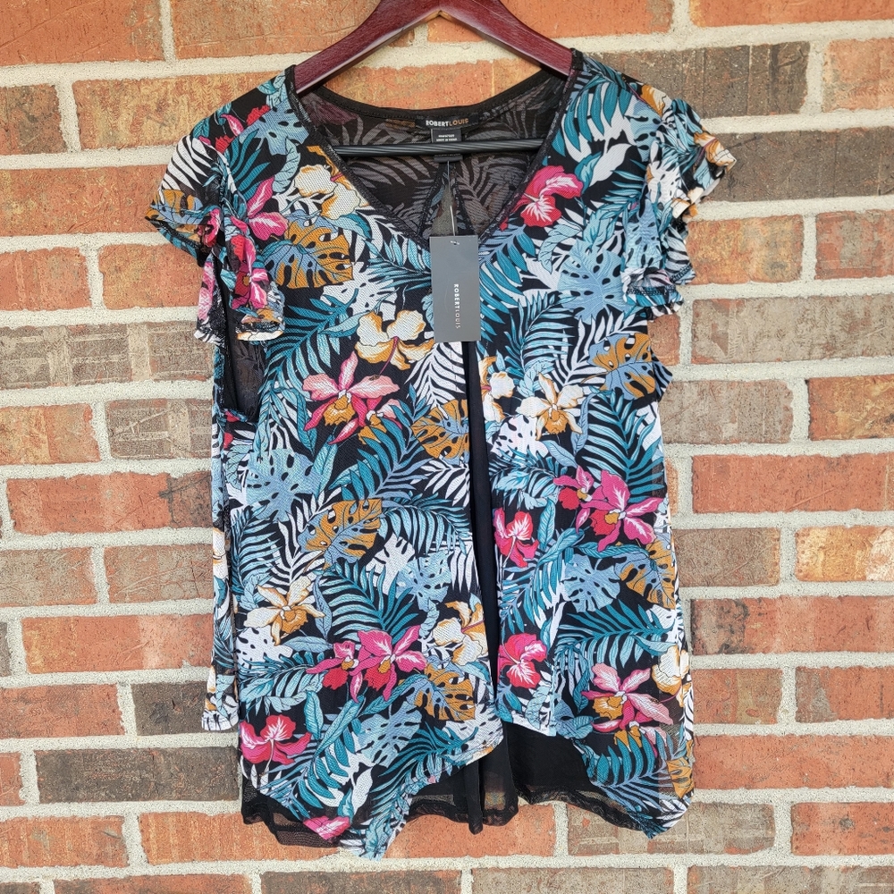 Robert Lewis Women's NWT Sheer Floral Tropical Print Short Sleeved Blouse Size L